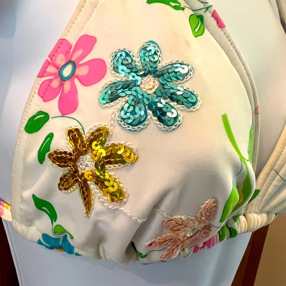 GORGEOUS💕⭐️💚Vintage Tommy Hilfiger Swim Floral Daisy Sequin String Bikini💕⭐️